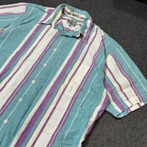 VTG 90s World Island Striped Half Sleeve Button Shirt Mens L Indie Retro